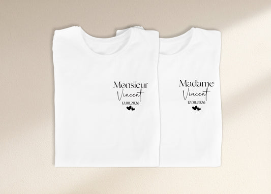 Duo t-shirts couple "Monsieur/Madame" personnalisés nom & date – Cadeau mariage – Tenue mariés – EVJF EVG