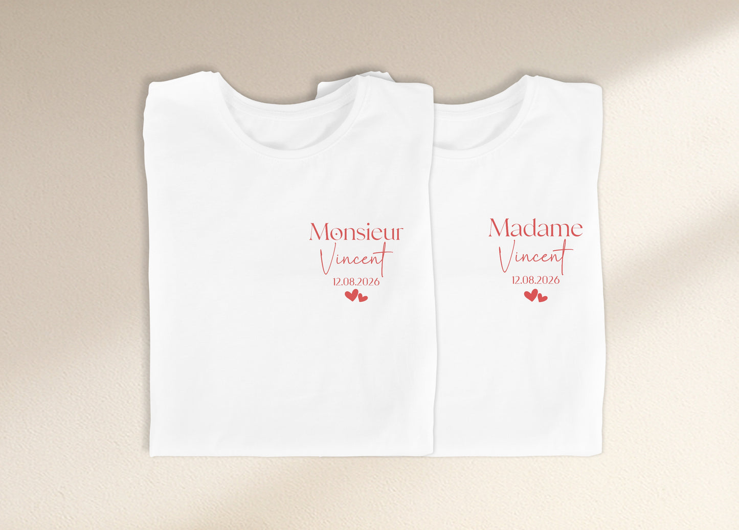 Duo t-shirts couple "Monsieur/Madame" personnalisés nom & date – Cadeau mariage – Tenue mariés – EVJF EVG