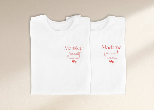 Duo t-shirts couple "Monsieur/Madame" personnalisés nom & date – Cadeau mariage – Tenue mariés – EVJF EVG