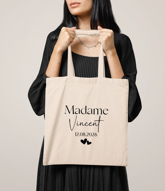 Tote bag mariage personnalisé "Monsieur/Madame" nom & date – Cadeau mariage – Sac couple – Souvenir