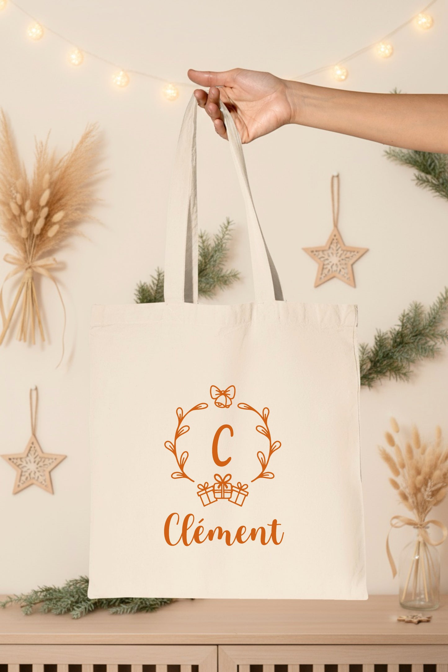 Tote Bag Noël Personnalisé Initiale Prénom | Sac Courses Couronne Monogramme Coton | Cadeau Noël Réutilisable | 7 Couleurs