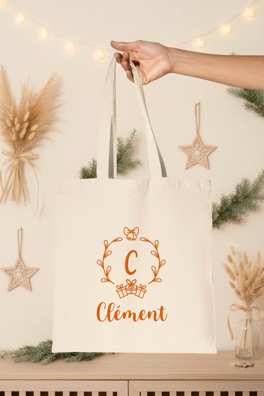 Tote Bag Noël Personnalisé Initiale Prénom | Sac Courses Couronne Monogramme Coton | Cadeau Noël Réutilisable | 7 Couleurs