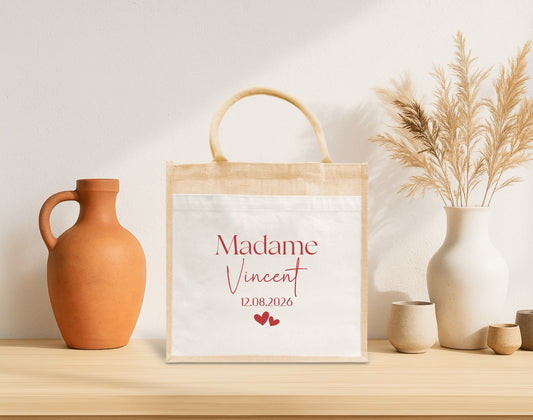 Cabas jute mariage personnalisé "Monsieur/Madame" nom & date – Cadeau mariage – Sac jute