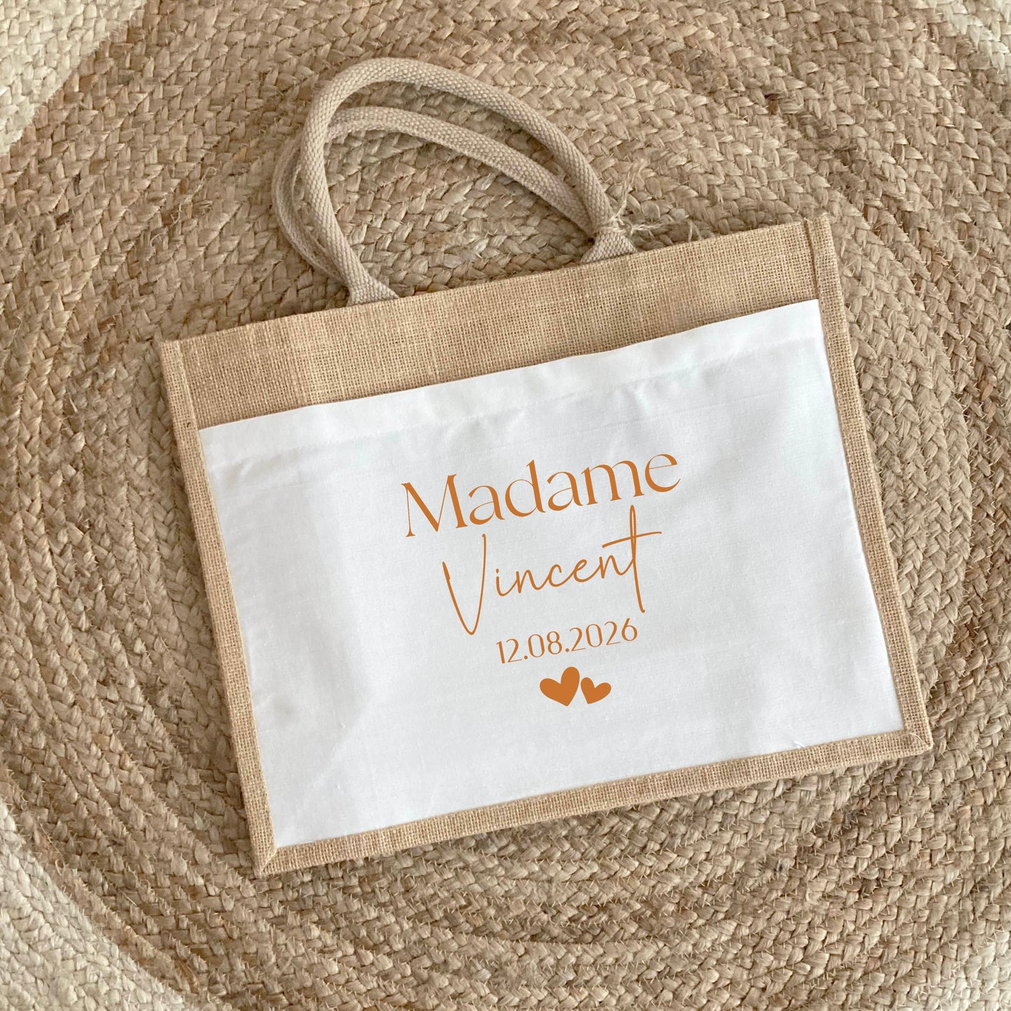 Cabas jute mariage personnalisé "Monsieur/Madame" nom & date – Cadeau mariage – Sac jute