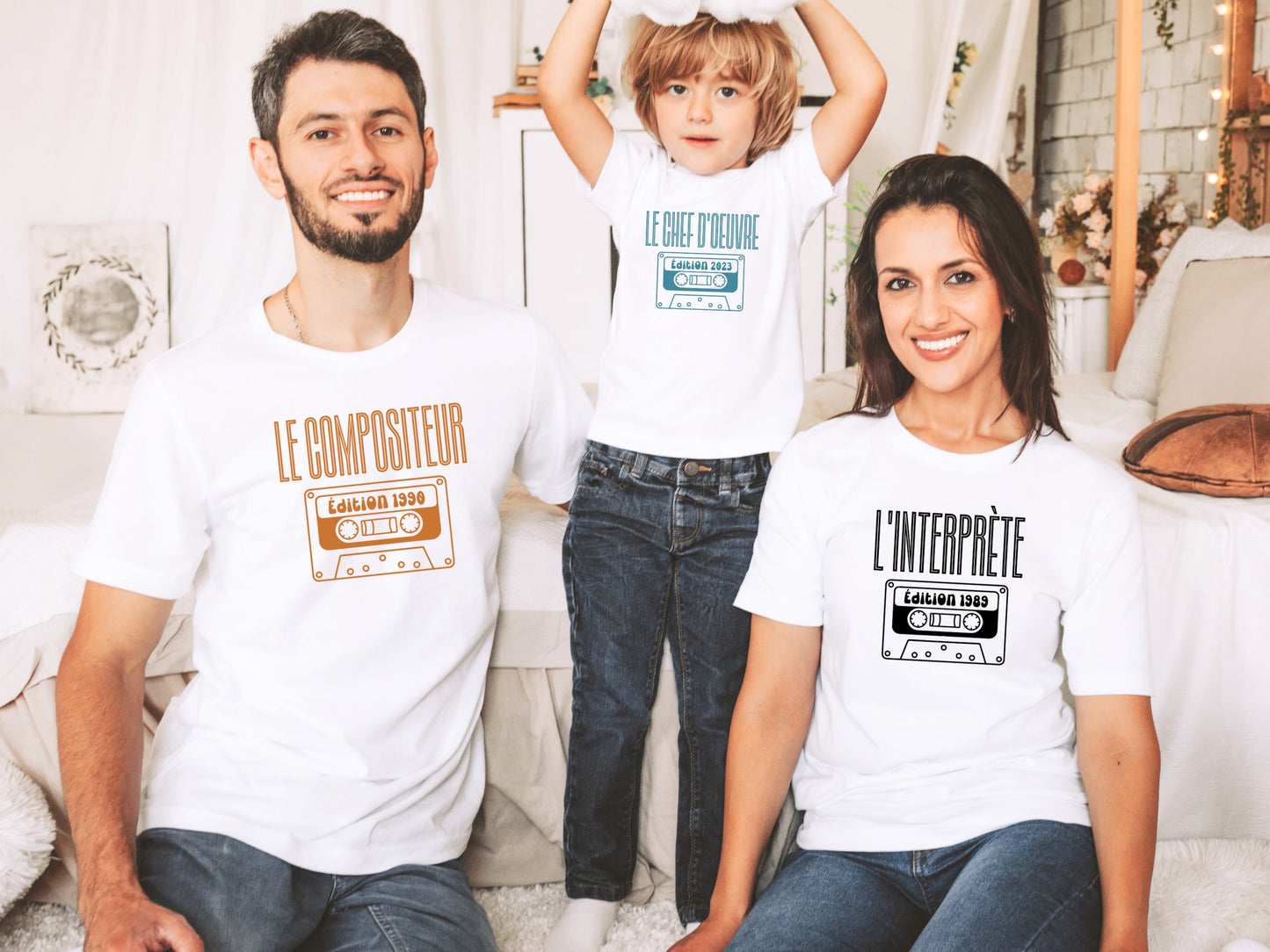 T-shirt Famille Assorti Personnalisé, Le Compositeur L'Interprète Le Chef d'Œuvre, Cadeau Papa Maman Enfant, Année Naissance