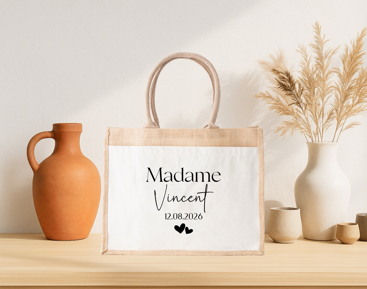 Cabas jute mariage personnalisé "Monsieur/Madame" nom & date – Cadeau mariage – Sac jute