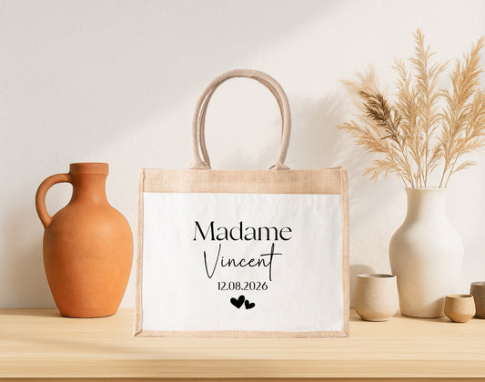 Cabas jute mariage personnalisé "Monsieur/Madame" nom & date – Cadeau mariage – Sac jute